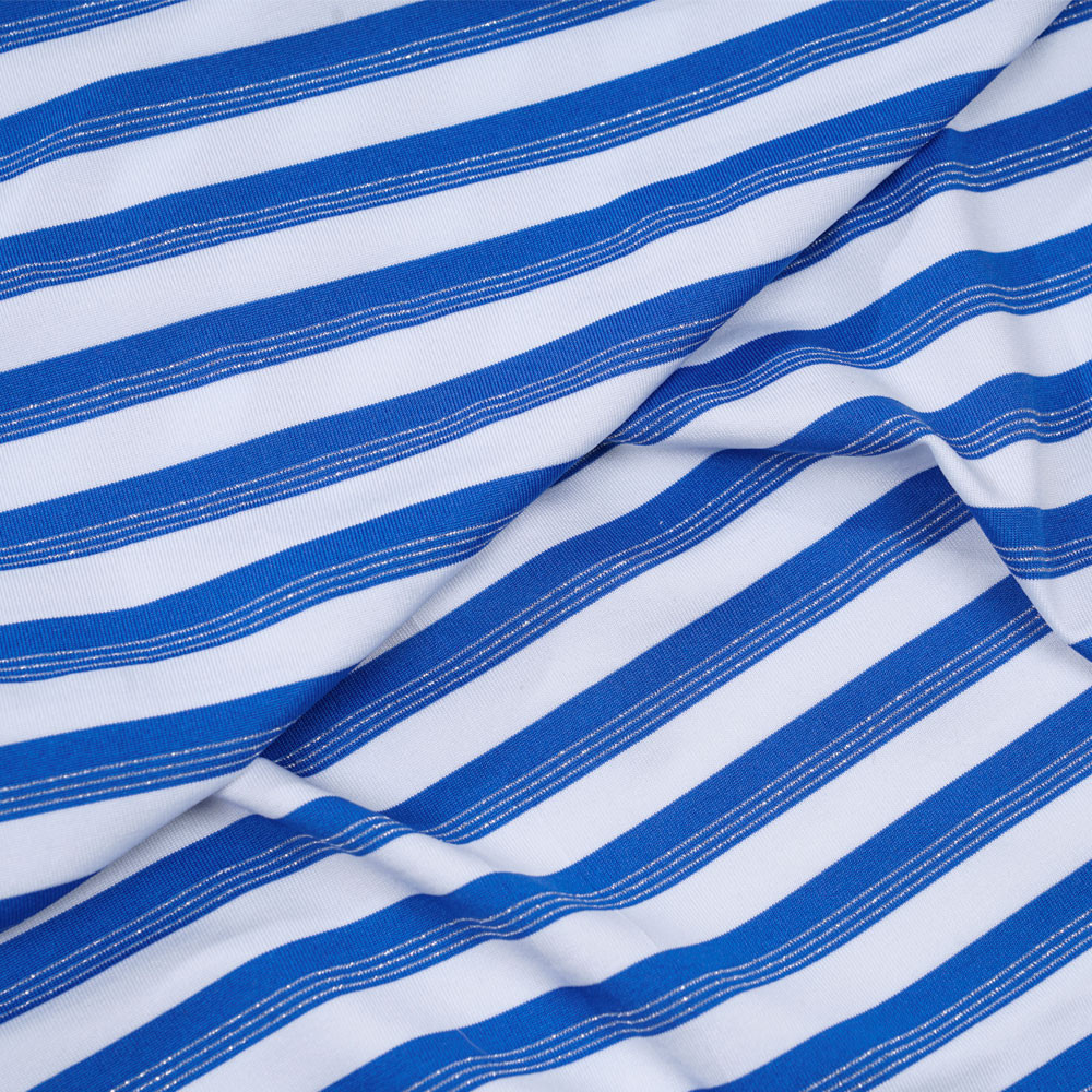Tissu maillot de bain blanc à rayures bleu imperial et fil lurex argent - pretty mercerie - mercerie en ligne