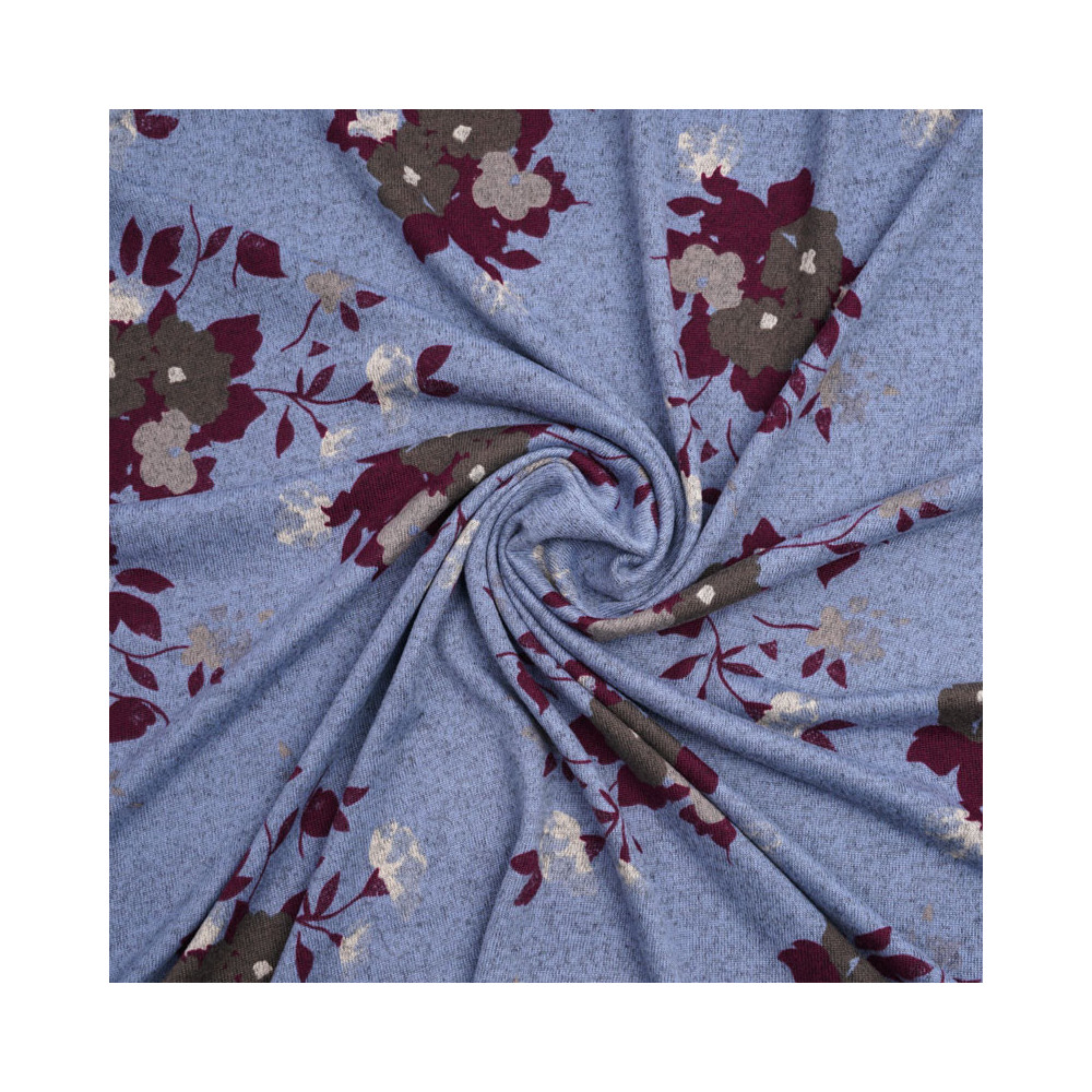 Tissu jersey bleu ciel à motif fleuri purple et gris | pretty mercerie | mercerie en ligne