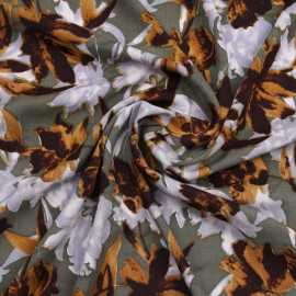 Tissu viscose kaki à motif fleurs abstraites bleu ciel et ginger | Pretty Mercerie | Mercerie en ligne