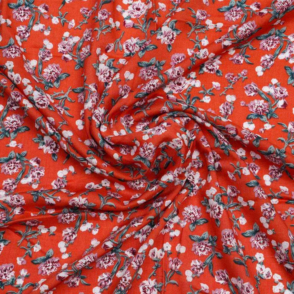 Tissu viscose mandarine à motif florale vieux rose et vert | Pretty Mercerie | Mercerie en ligne