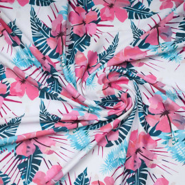 Tissu maillot de bain blanc à motif aloha corail, fuchsia, vert, bleu | Pretty Mercerie | Mercerie en ligne