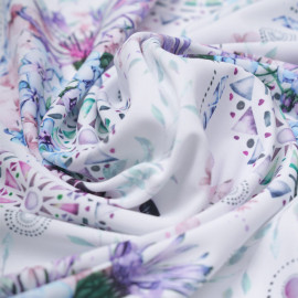 Tissu maillot de bain blanc à motif bohème, fleuri pastel rose, vert, mauve | Pretty Mercerie | Mercerie en ligne