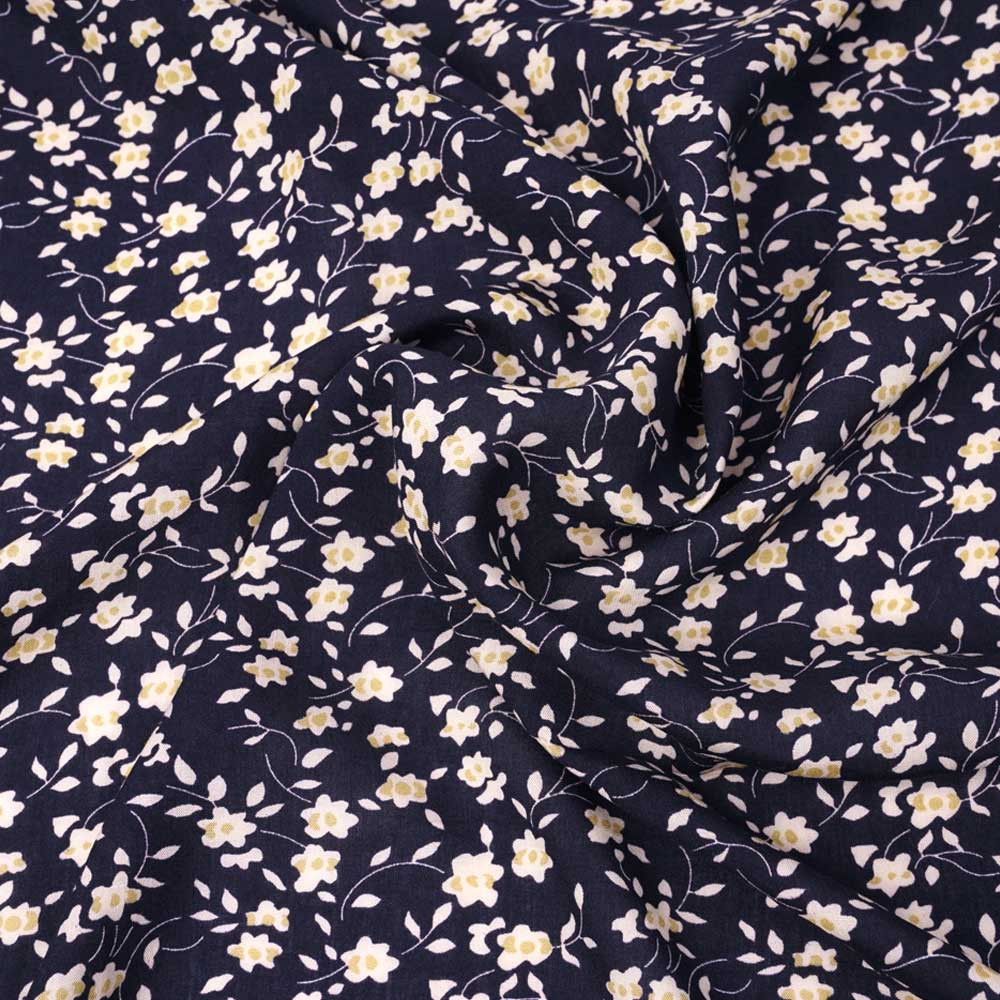 Tissu viscose bleu foncé à motif floral crème et raffia | Pretty Mercerie | Mercerie en ligne