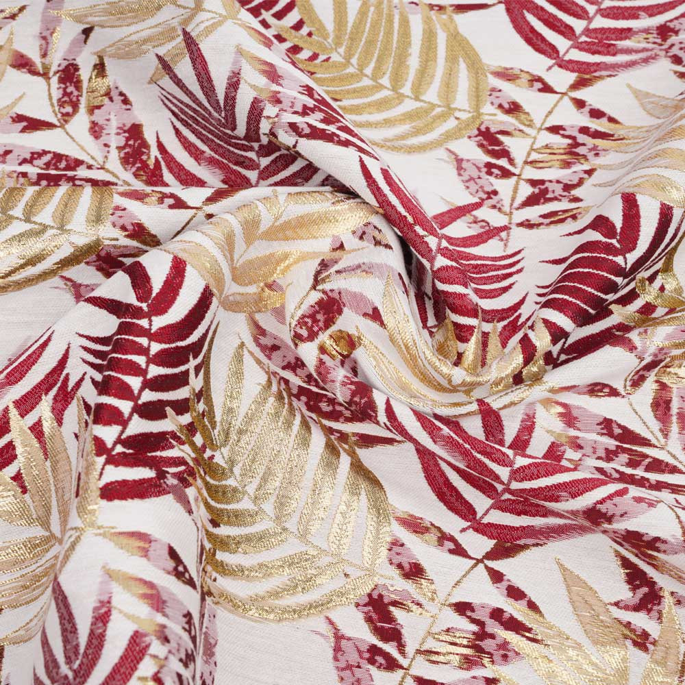 Tissu jacquard crème à motif tissé palme, doré et rouge | pretty mercerie | mercerie en ligne