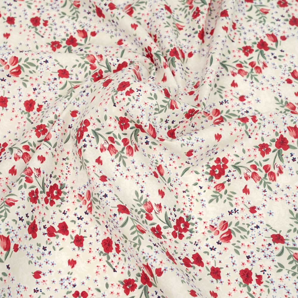 Tissu coton écru à motif tulipes et petites fleurs rouge et vert | pretty mercerie | mercerie en ligne