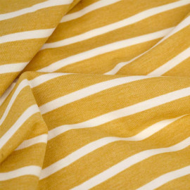 Tissu jersey marinière ocre à motif tissé rayure blanche | pretty mercerie | mercerie en ligne