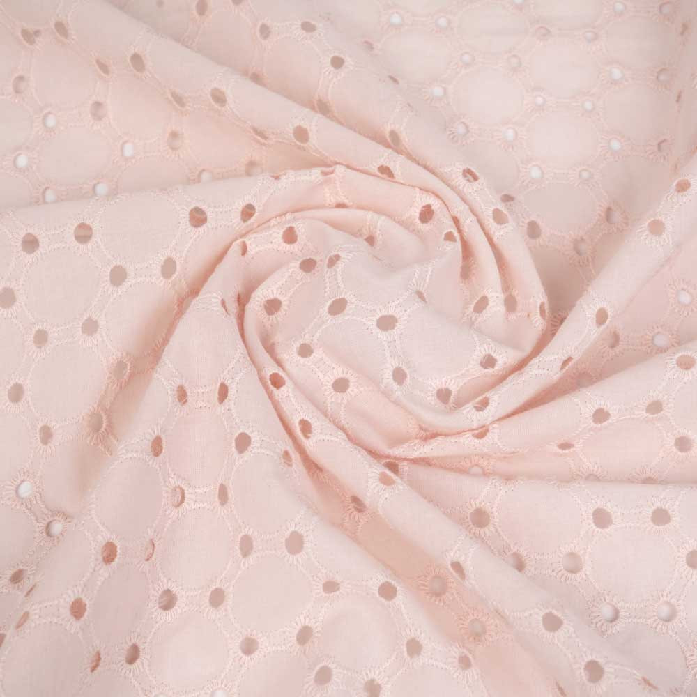Tissu coton brodé rose blush à motif cercles ajourés | pretty mercerie | mercerie en ligne