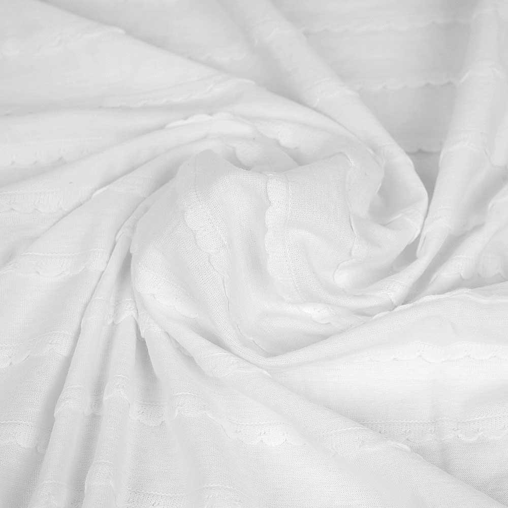 Tissu jersey blanc à motif tissés lignes festonnées | Pretty Mercerie | mercerie en ligne