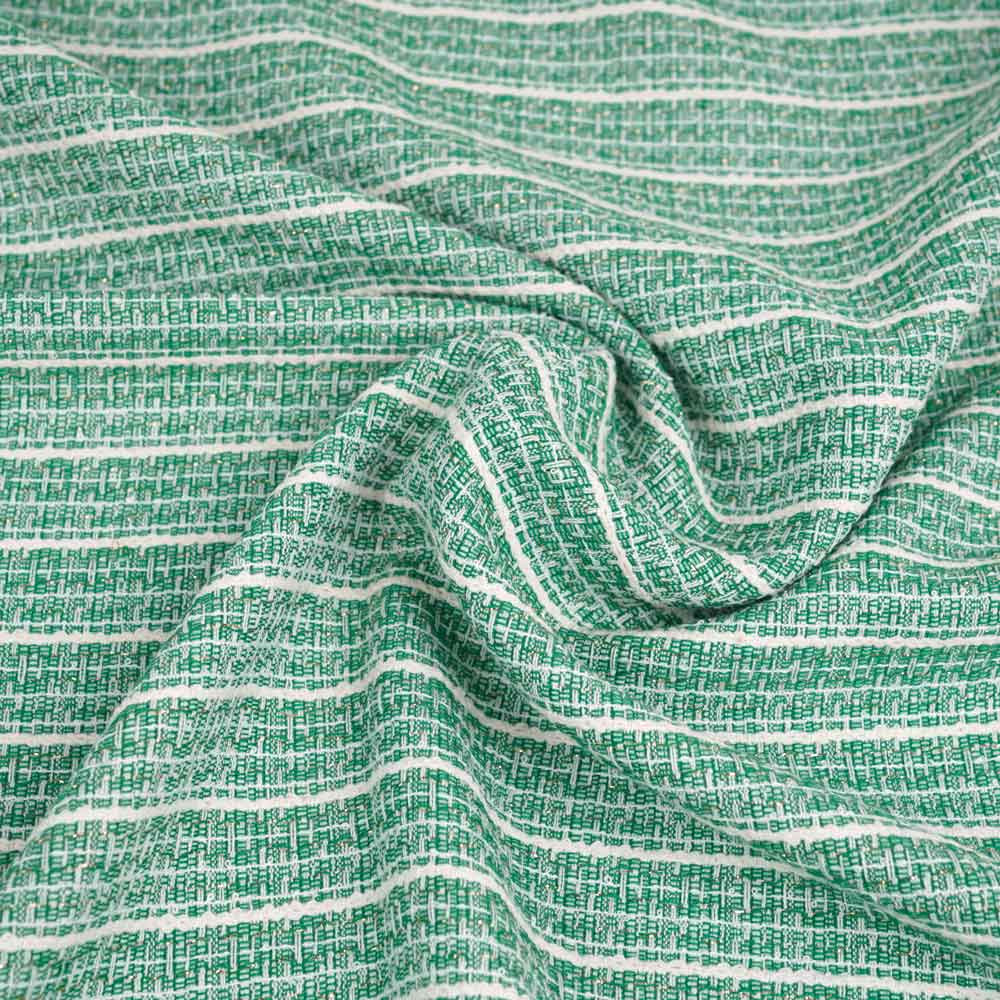 Tissu tweed vert à motif rayure blanc et fil lurex or | pretty mercerie | mercerie en ligne