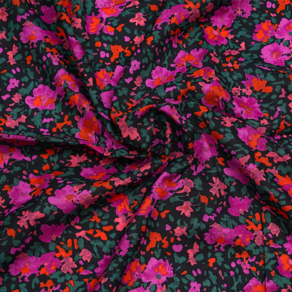 Tissu coton noir à motif bouquet de fleur violet, orange, vert et corail| Pretty Mercerie | Mercerie en ligne