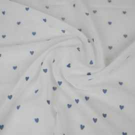 Tissu voile blanc à motif coeur brodé - Bleu clair