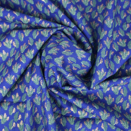 Tissu popeline de coton à motif jolies branches vertes et fleurs dorées - Bleu