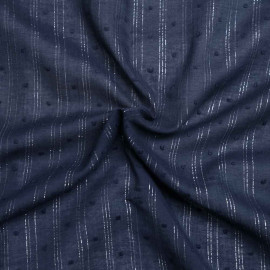 Tissu coton plumetis et bandes lurex argenté - Bleu foncé