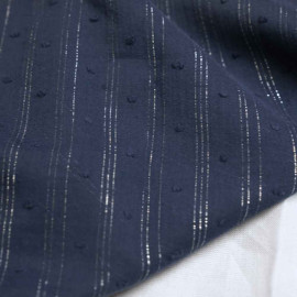 Tissu coton plumetis et bandes lurex argenté - Bleu foncé