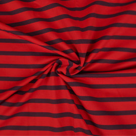 Tissu jersey polyamide mat à motif rayé rouge et bleu