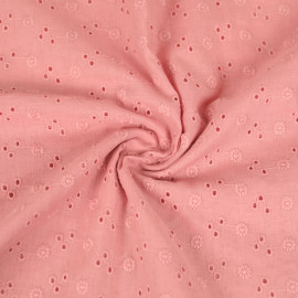 Tissu coton brodé à motif branches fleuries brodé et ajouré - rose foncé
