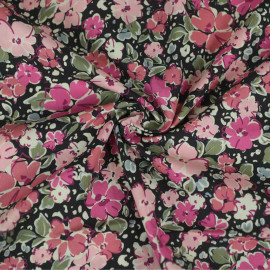 Tissu coton Jeanne noir à motif bloom rose et vert