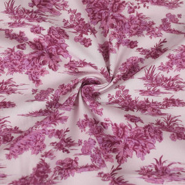 Tissu coton Danny rose pastel moucheté à motif toile de jouy violet et rose