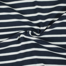 Tissu jersey de coton bio bleu à motif rayé blanc cassé