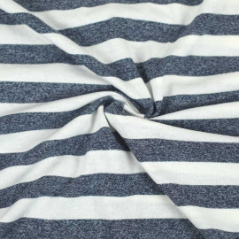Tissu jersey de coton à motif rayé blanc cassé et bleu marine chiné