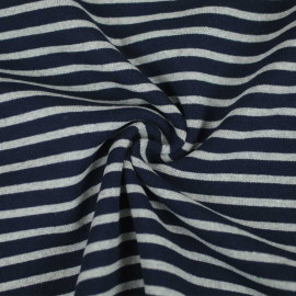 Tissu jersey maille tricoté ( ou bord-côte ) à motif rayé bleu marine et gris