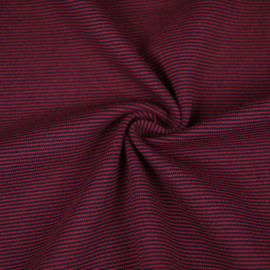 Tissu jersey maille tricoté ( ou bord-côte ) à motif fines rayures bleu marine et bordeaux
