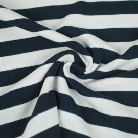 Tissu jersey maille tricoté à motif rayé blanc cassé et bleu marine