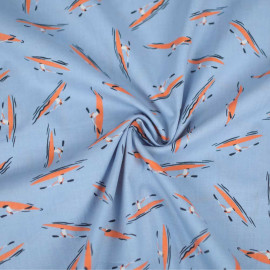 Tissu popeline de coton bleu clair stretch à motif kayak bleu marine et saumon