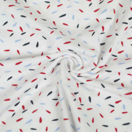 Tissu jersey de coton blanc à motif pépin noir, rouge et bleu ciel