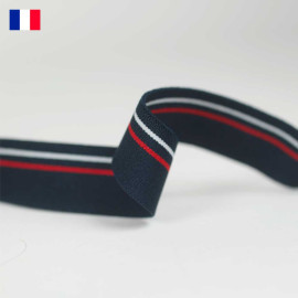 25 mm - Ruban élastique plat tricoté tricolore bleu à fines rayures blanche, rouge