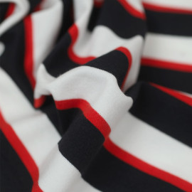 Tissu jersey de coton à rayure tricolore - noir, blanc, rouge