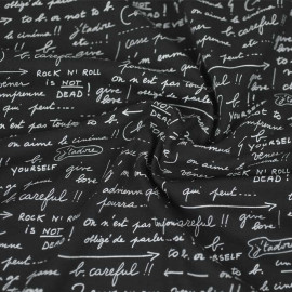 Tissu jersey de coton bio noir à motif graphique phrases Agnès