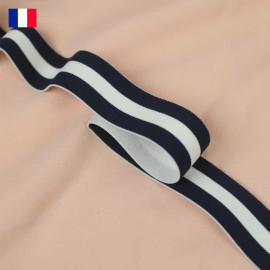 35 mm - Ruban élastique plat tricoté blanc à rayures marine