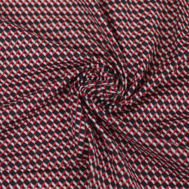 Tissu coton bleu nuit stretch à motif cube 3D rouge et blanc