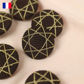 35 mm - Boutons rond recouverts fil lurex chocolat brodé étoile doré