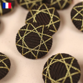 30 mm - Boutons rond recouverts fil lurex chocolat brodé étoile doré