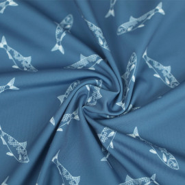Tissu maillot de bain mat bleu clair à motif sardines blanches